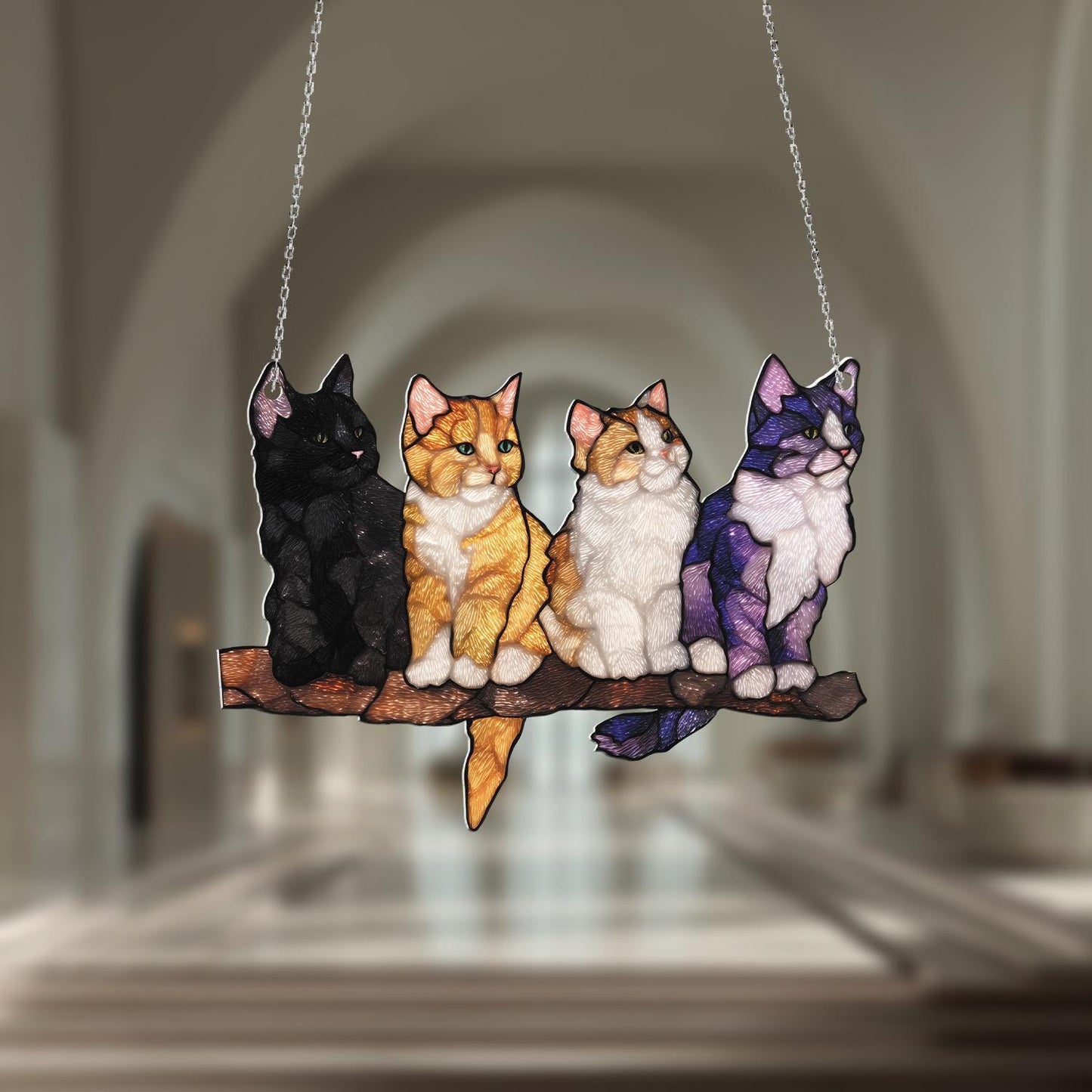 Window Hanging Cat Art, Stained Glass Style, Home Décor, Animal Lovers, Colorful Cats, Tree Branch Hanging, Cat Lovers Gift, Cozy Window