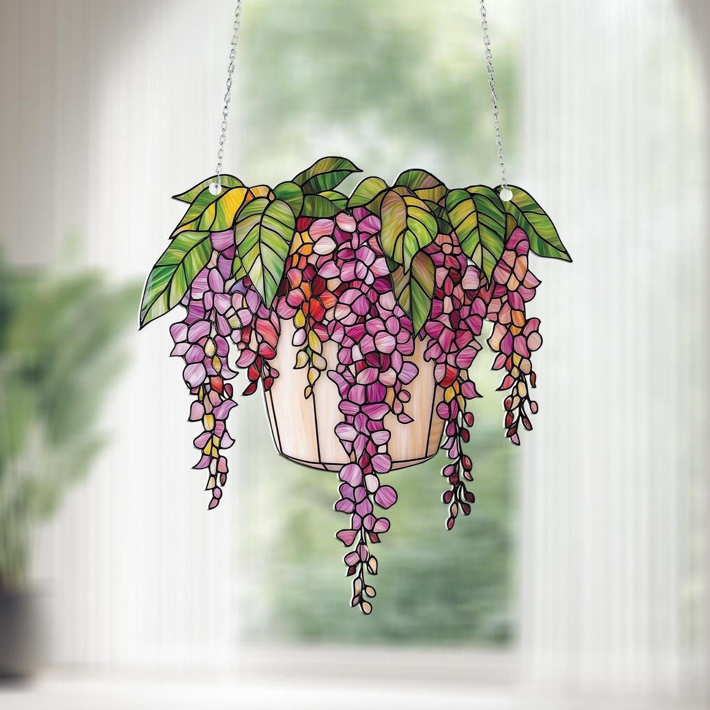 Vibrant Wisteria Flower Pot Window Hanging, Handcrafted Nature Decor for Elegant Home and Garden Spaces