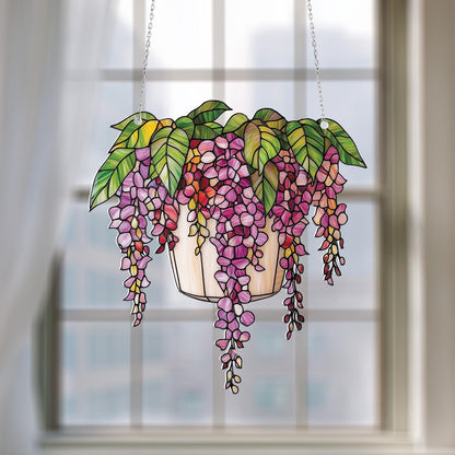 Vibrant Wisteria Flower Pot Window Hanging, Handcrafted Nature Decor for Elegant Home and Garden Spaces