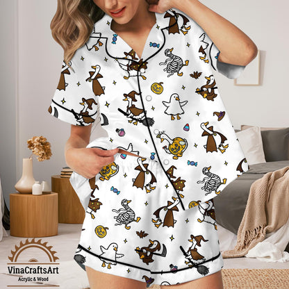 Spooky Goose Halloween Pajamas – Long Sleeve Cute Sleepwear with Witch, Mummy & Pumpkin Geese | Funny Fall PJs for Women