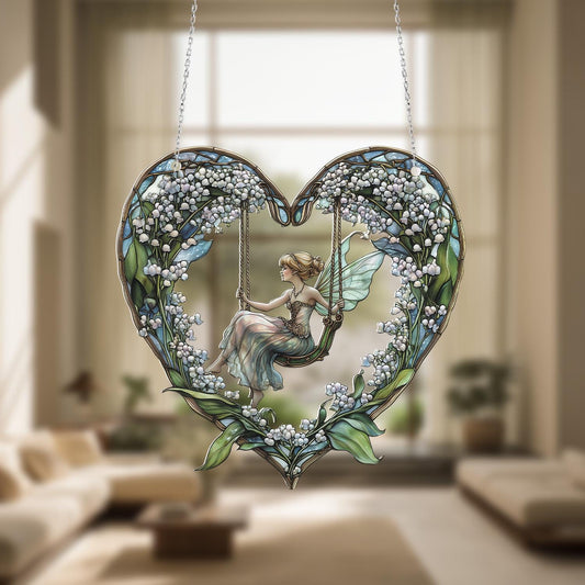 Heart-Shaped Fairy Swing Hanging Decor, Floral Fantasy Window Ornament, Handcrafted with Lily of the Valley, Elegant Home Accent