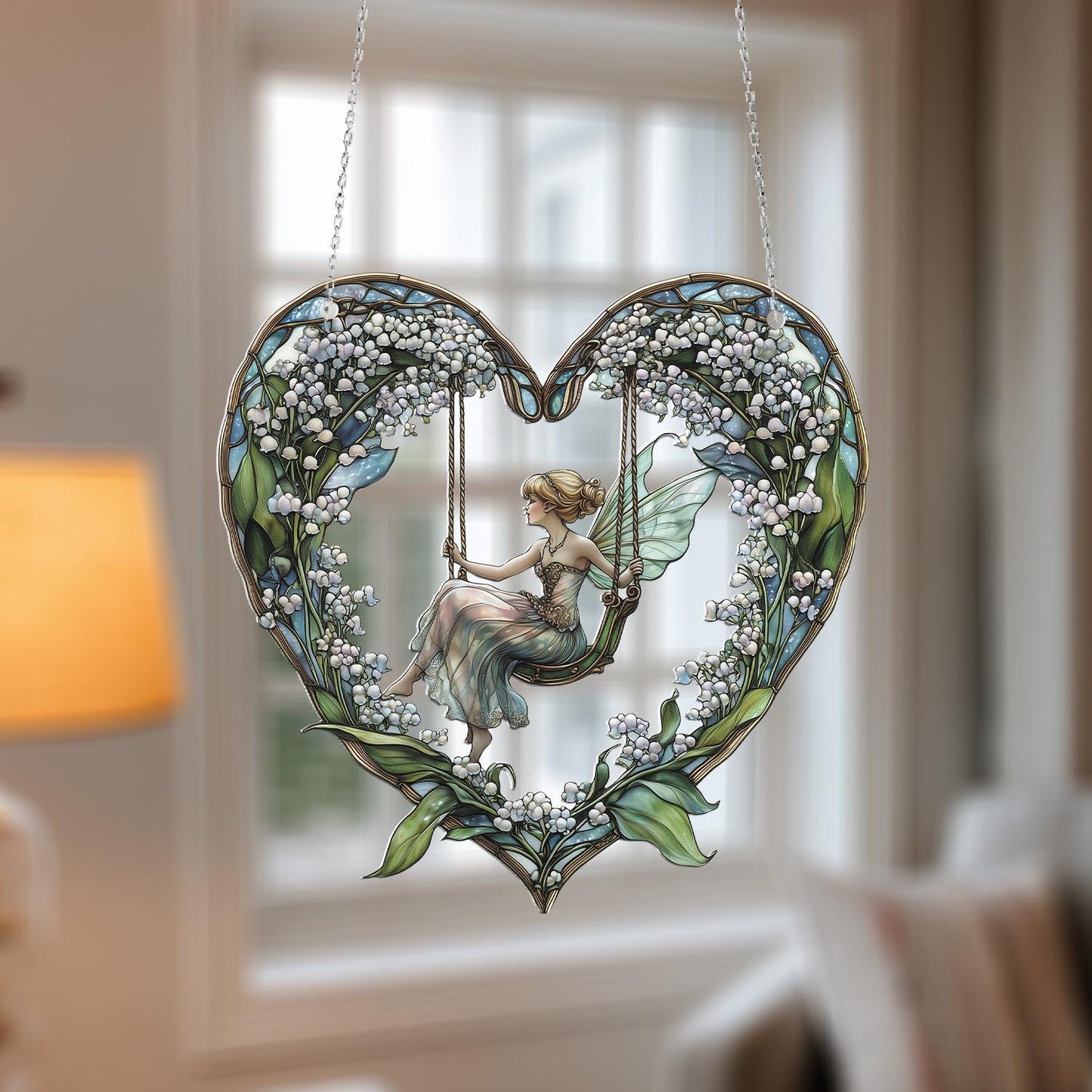 Heart-Shaped Fairy Swing Hanging Decor, Floral Fantasy Window Ornament, Handcrafted with Lily of the Valley, Elegant Home Accent