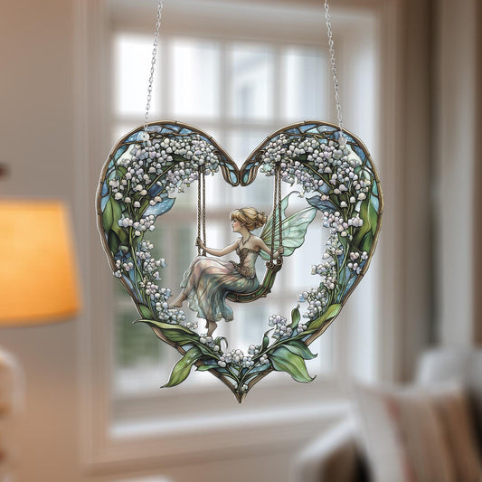 Heart-Shaped Fairy Swing Hanging Decor, Floral Fantasy Window Ornament, Handcrafted with Lily of the Valley, Elegant Home Accent