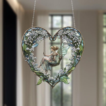 Heart-Shaped Fairy Swing Hanging Decor, Floral Fantasy Window Ornament, Handcrafted with Lily of the Valley, Elegant Home Accent