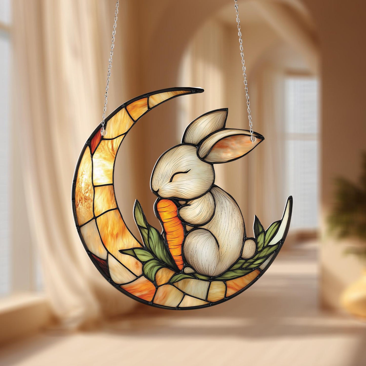 Crescent Moon Bunny Hanging Ornament, Handcrafted Stained Glass Rabbit, Cute Carrot Decor for Home, Whimsical Window Accent