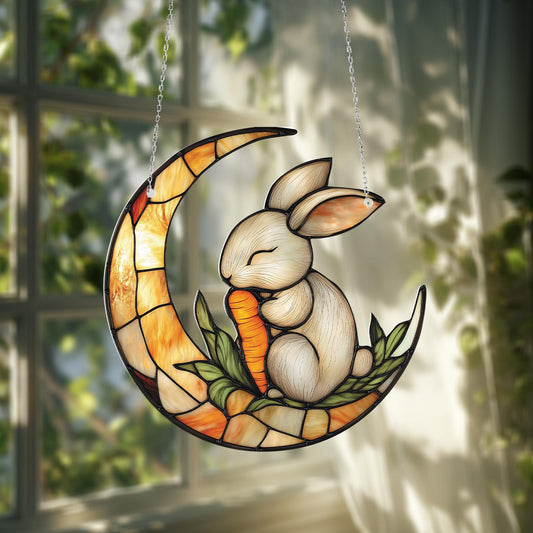 Crescent Moon Bunny Hanging Ornament, Handcrafted Stained Glass Rabbit, Cute Carrot Decor for Home, Whimsical Window Accent