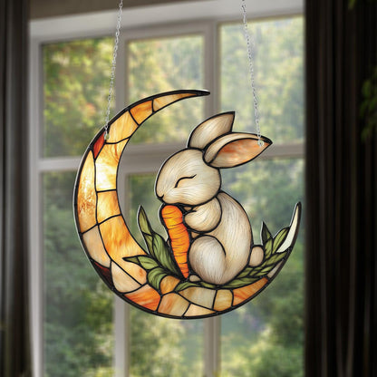 Crescent Moon Bunny Hanging Ornament, Handcrafted Stained Glass Rabbit, Cute Carrot Decor for Home, Whimsical Window Accent