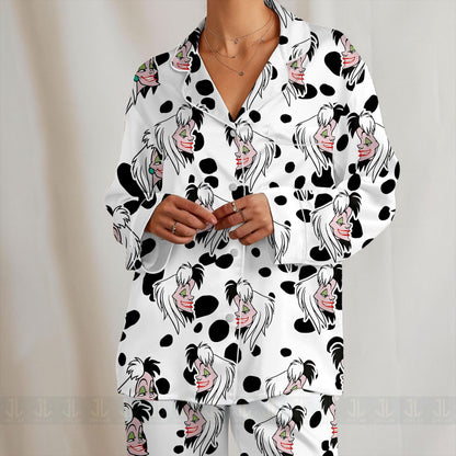 Cruella 101 Dalmatian Unisex Satin Pajamas Set, Spooky Season Pajamas , Long Sleeve And Short Styles