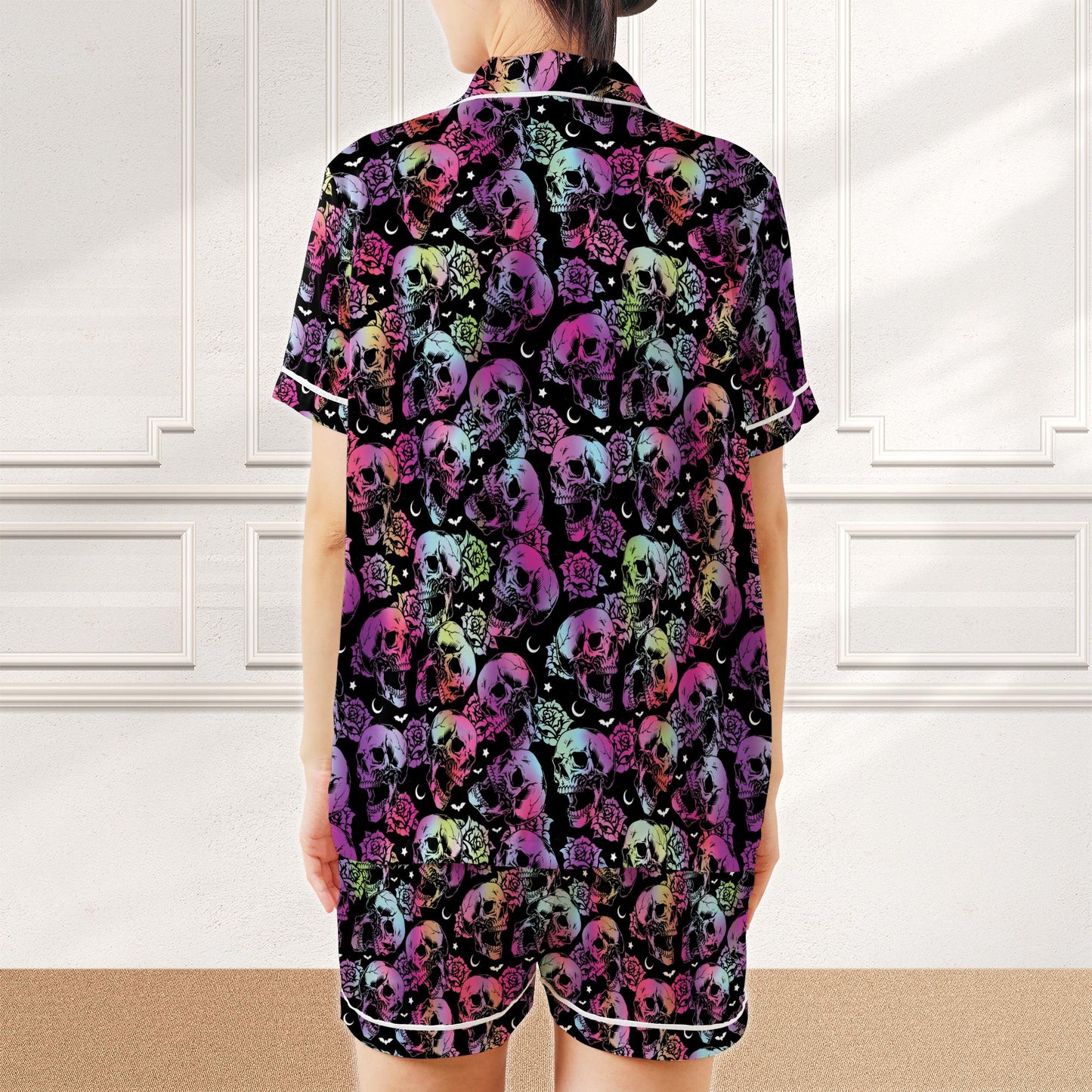 Gothic Skull Halloween Pajama Set, Neon Floral Skull Sleepwear, Spooky Skull Nightwear, Spooky Season PJs, Womens Halloween Pajama Set