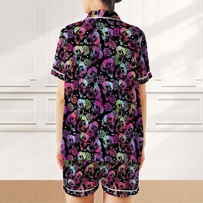 Gothic Skull Halloween Pajama Set, Neon Floral Skull Sleepwear, Spooky Skull Nightwear, Spooky Season PJs, Womens Halloween Pajama Set