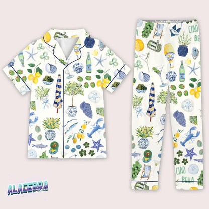 Ciao Bella Italian Pajama Set | Coastal Print Satin PJs for Women | Amalfi Lemon Sleepwear | Cute Matching Loungewear Gift