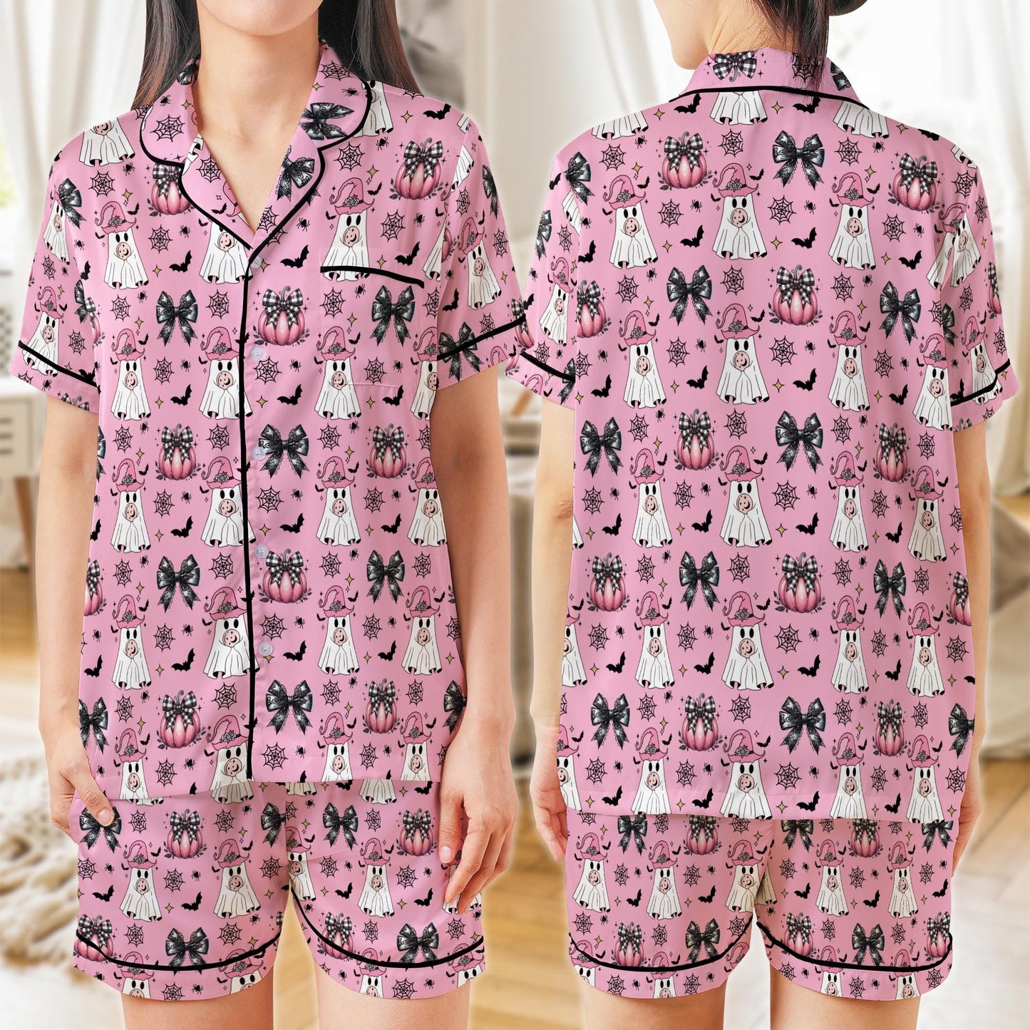 Pink Boo Ghost Halloween Pajama Set, Coquette Halloween Satin Pajama Set, Spooky Season Sleepwear, Trick Or Treat Matching Halloween PJs