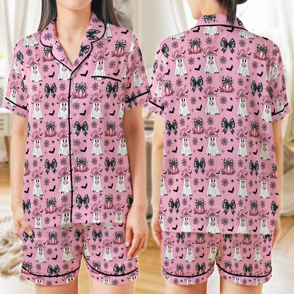 Pink Boo Ghost Halloween Pajama Set, Coquette Halloween Satin Pajama Set, Spooky Season Sleepwear, Trick Or Treat Matching Halloween PJs