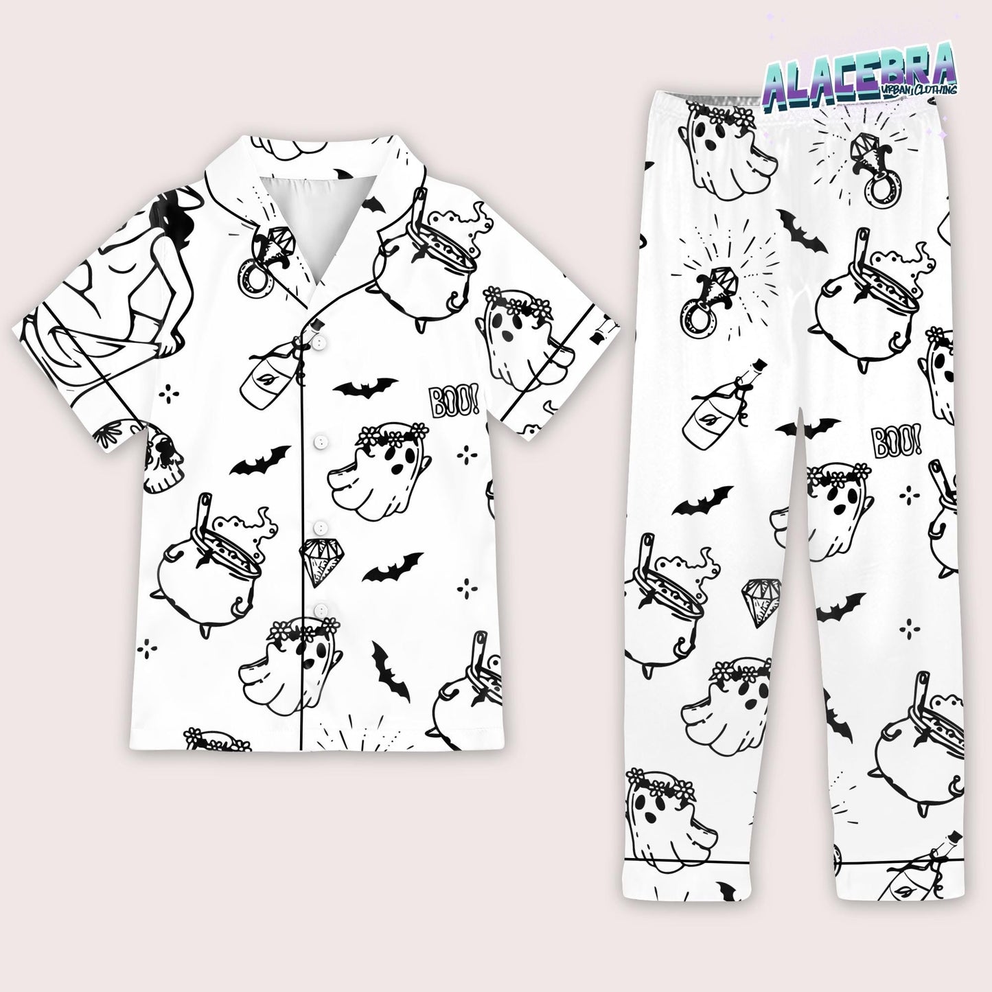 Halloween Ghost Pajama Set | Boozy Ghost Satin PJs for Women | Spooky Cute Sleepwear | Black and White Witchy Lounge Set