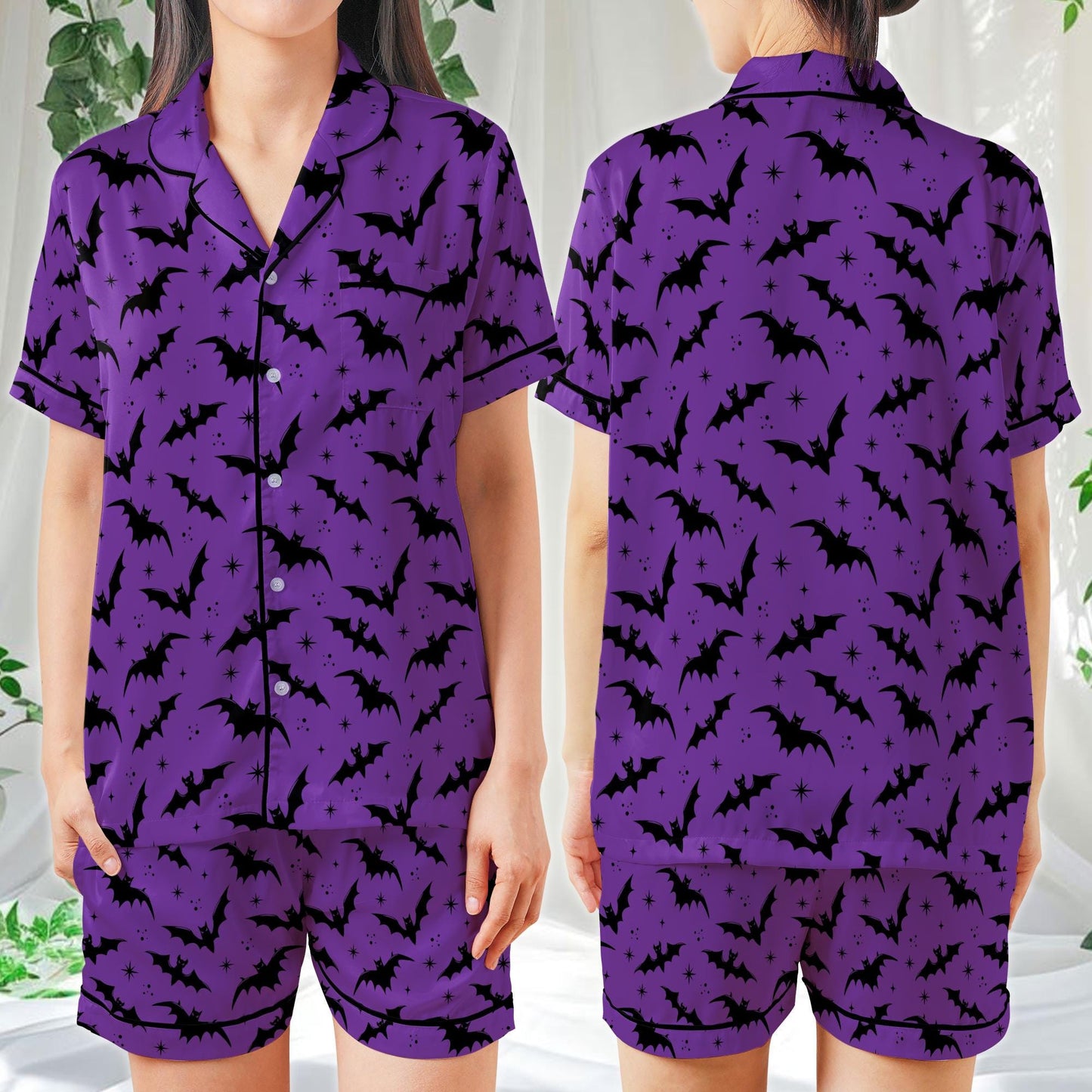 Spooky Bat Halloween Pajama Set, Halloween Sleepwear, Spooky Season Satin Pajamas, Gothic Halloween PJs for Women, Horror Holiday Gift