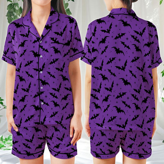 Spooky Bat Halloween Pajama Set, Halloween Sleepwear, Spooky Season Satin Pajamas, Gothic Halloween PJs for Women, Horror Holiday Gift
