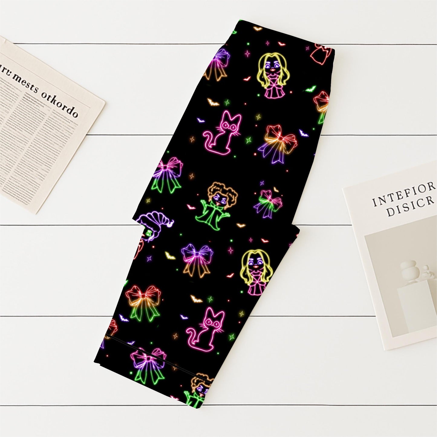 Halloween Neon Witch Pajamas Set, Halloween Witch Movie Sleepwear, Witch With Bow And Cat Homewear, Cozy Loungewear, Witch Movie Fan Gift