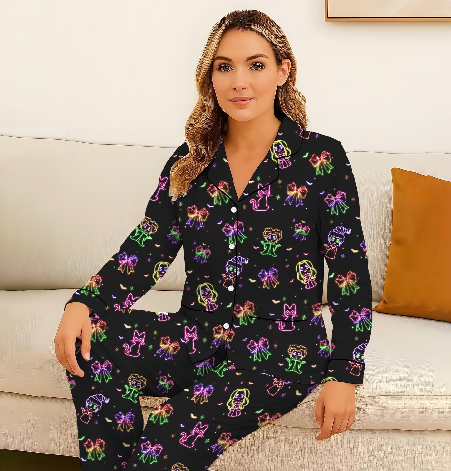 Halloween Neon Witch Pajamas Set, Halloween Witch Movie Sleepwear, Witch With Bow And Cat Homewear, Cozy Loungewear, Witch Movie Fan Gift