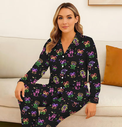 Halloween Neon Witch Pajamas Set, Halloween Witch Movie Sleepwear, Witch With Bow And Cat Homewear, Cozy Loungewear, Witch Movie Fan Gift