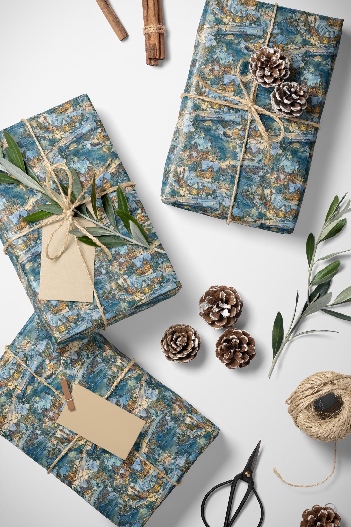 Holiday Wrapping Paper Roll with Snowy Village Homes and Christmas Lights #21