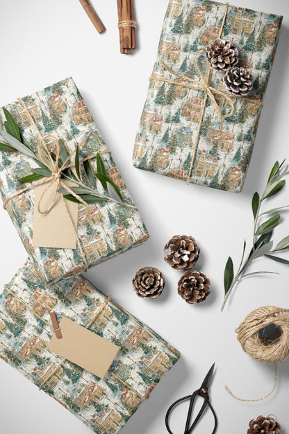 Snowy Christmas Village Wrapping Paper Roll, Holiday Gift Wrap with Winter Town Scene #6