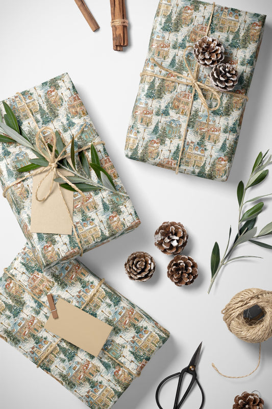 Snowy Christmas Village Wrapping Paper Roll, Holiday Gift Wrap with Winter Town Scene #6