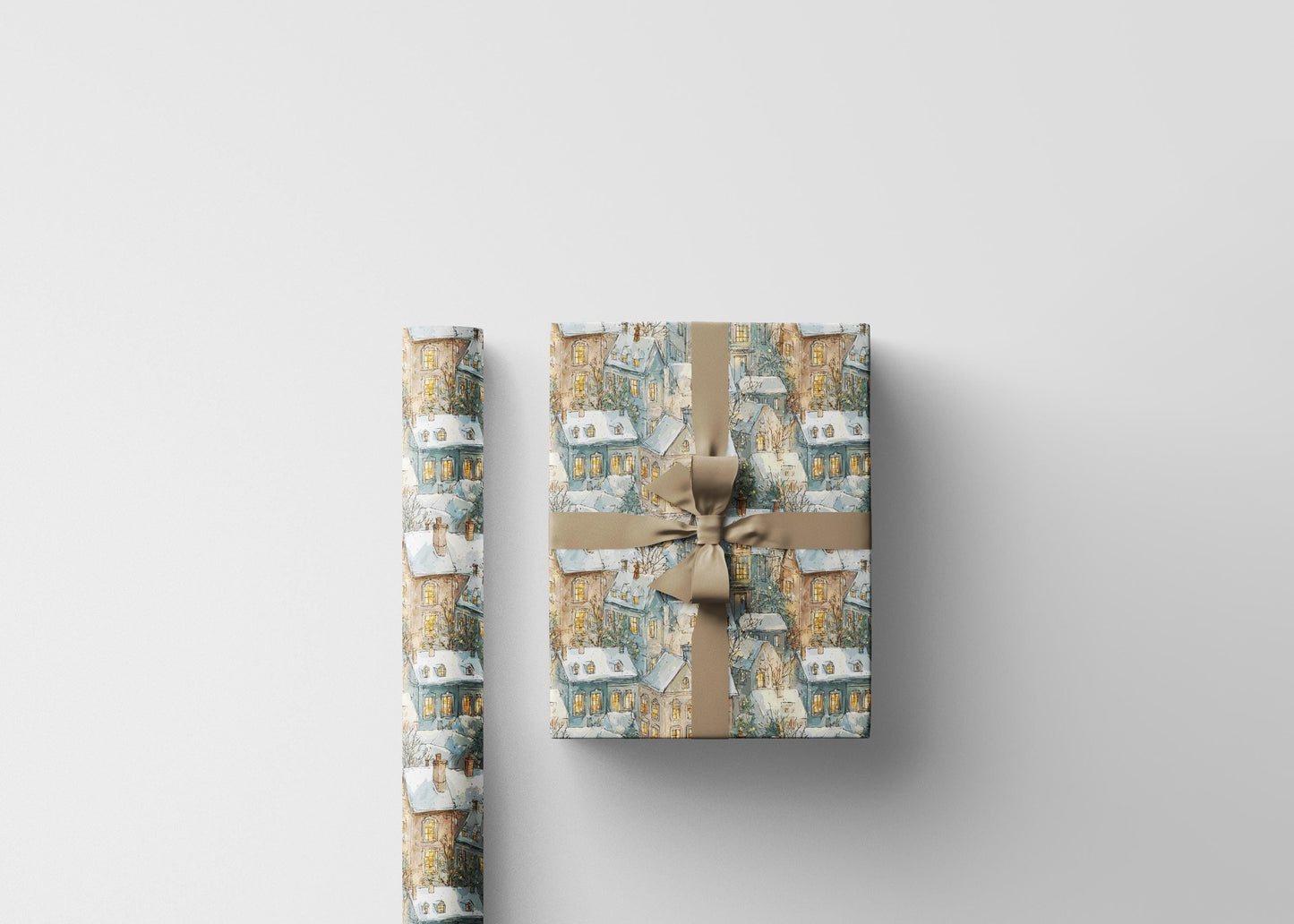 Premium Wrapping Paper Roll with Christmas Village, Holiday Gift Wrap for Winter Festive Packaging #10