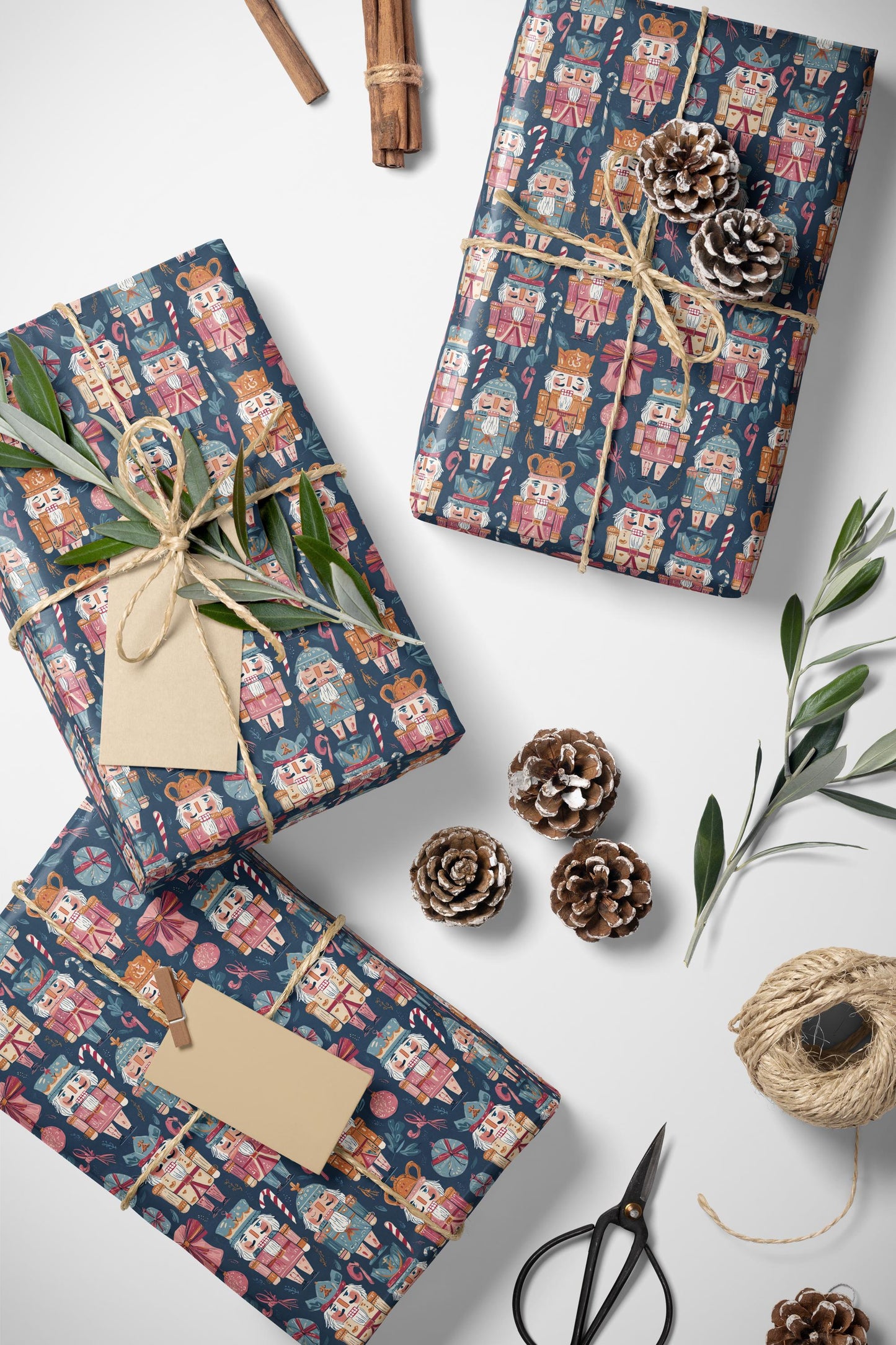 Traditional Christmas Wrapping Paper Roll with Nutcracker Figures and Holiday Ornaments #9