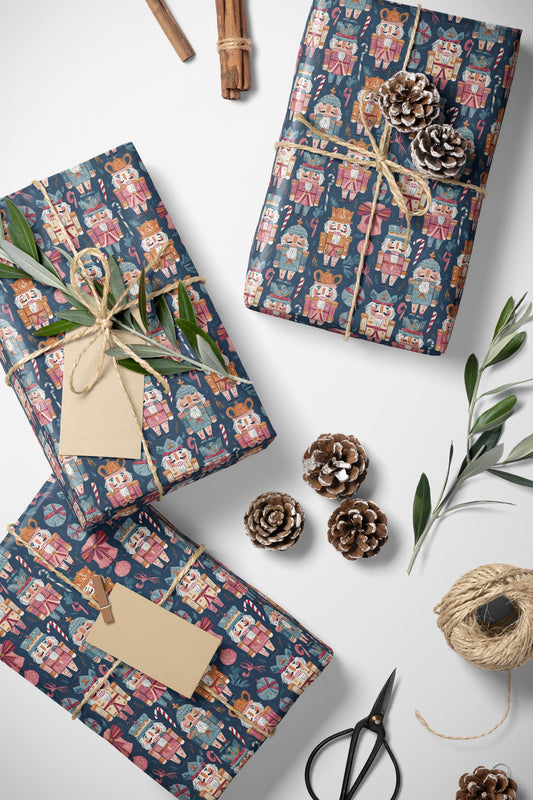 Traditional Christmas Wrapping Paper Roll with Nutcracker Figures and Holiday Ornaments #9
