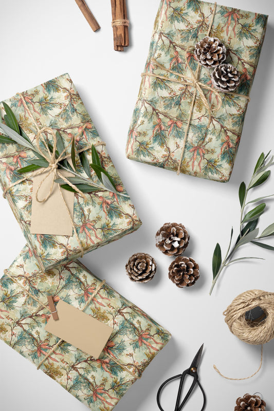 Vintage Mistletoe Wrapping Paper Roll, Watercolor Christmas Gift Wrap for Holiday Packaging #1