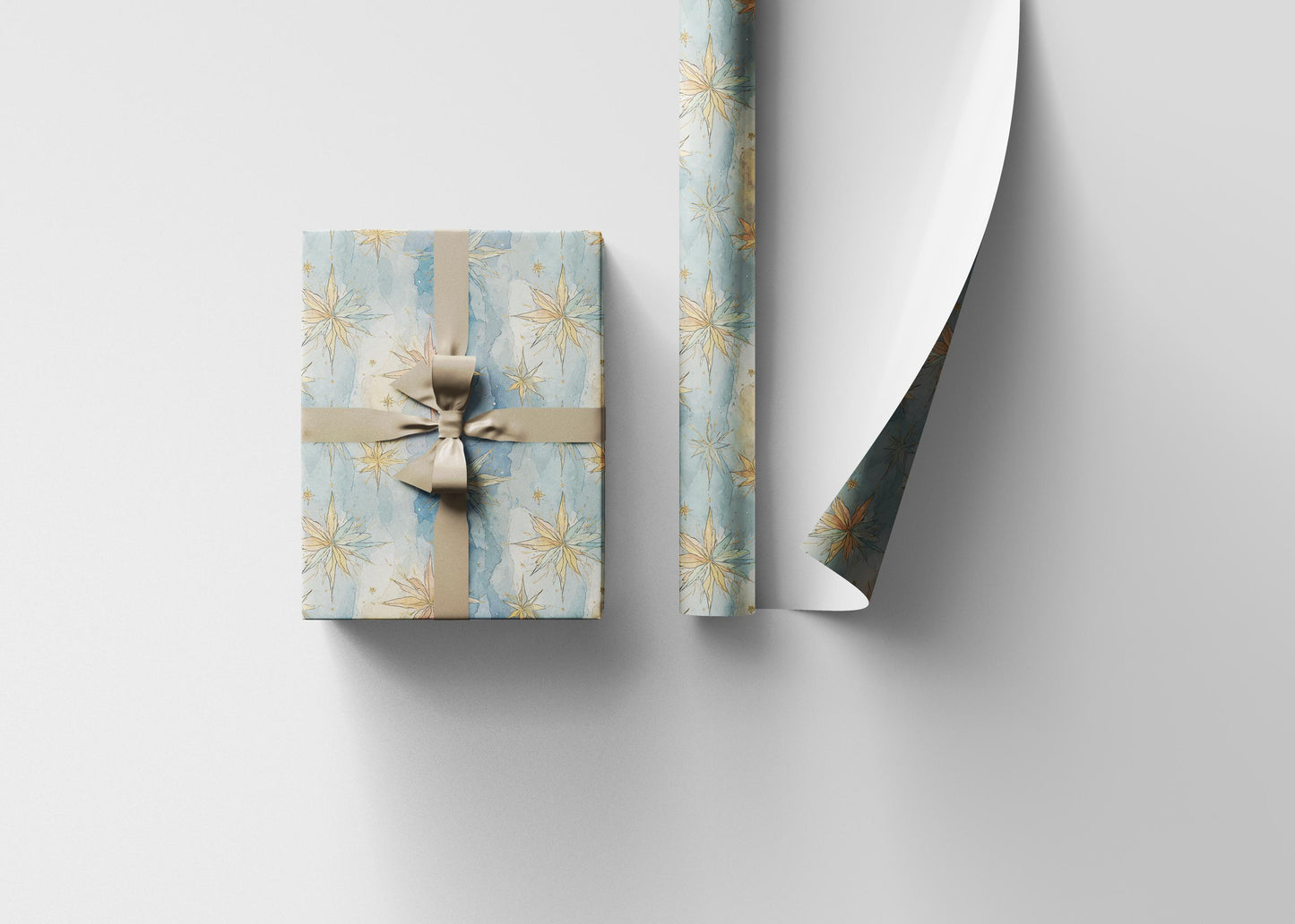 Watercolor Star Christmas Wrapping Paper Roll, Elegant Holiday Gift Wrap with Gold Star Design #1