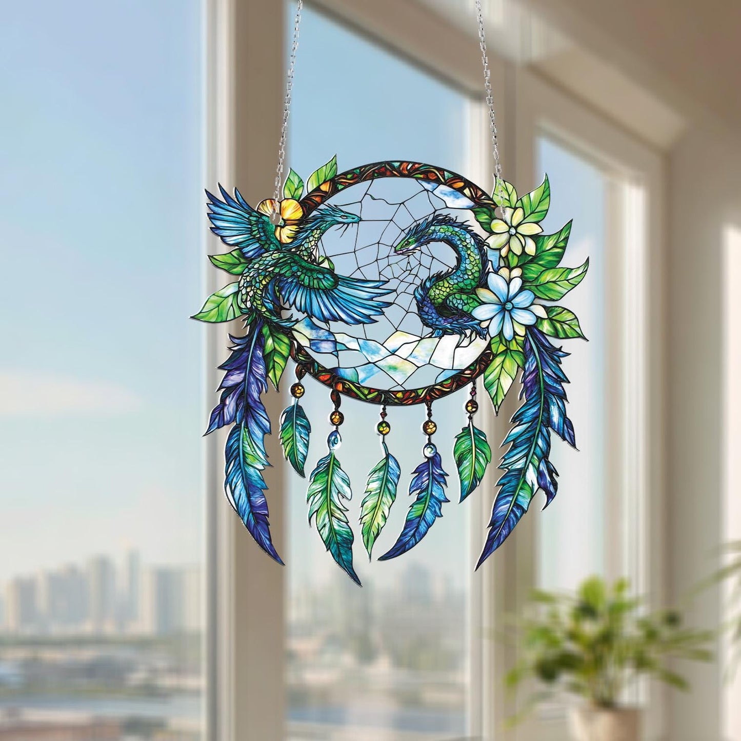 Phoenix and Dragon Dreamcatcher Hanging Decor, Boho Fantasy Feather Charm with Flowers and Sky, Mythical Creature Accent for Magical Homes