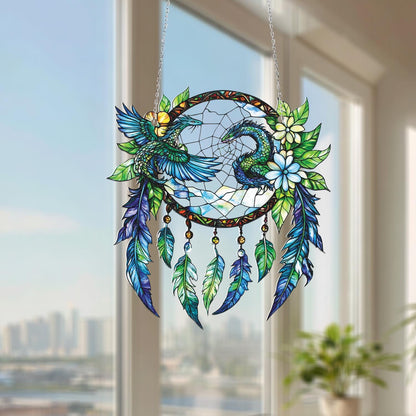 Phoenix and Dragon Dreamcatcher Hanging Decor, Boho Fantasy Feather Charm with Flowers and Sky, Mythical Creature Accent for Magical Homes