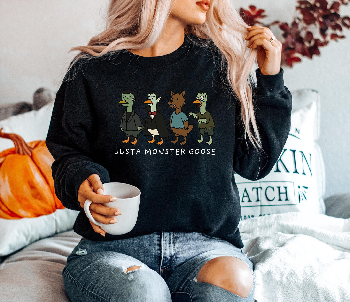 Just a Monster Goose Sweatshirt, Fun Halloween Goose Sweater, Cute Fall Animal Pullover, Quirky Costume Top, Goose Lover Jumper, Unisex Gift