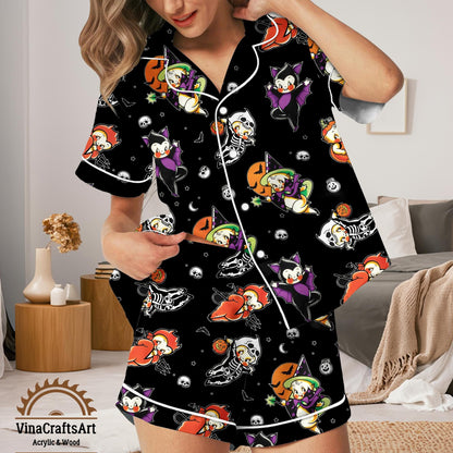 Cute Halloween Pajamas Set – Short and Long Sleeve Spooky Sleepwear, Witch Vampire Pumpkin Skeleton Pajamas Set for Women