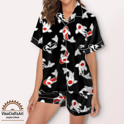 Koi Fish Pajamas Set – Japanese Inspired Long Short Sleeve Loungewear, Black Red Koi Sleepwear for Women, Elegant Cozy Pajamas Set