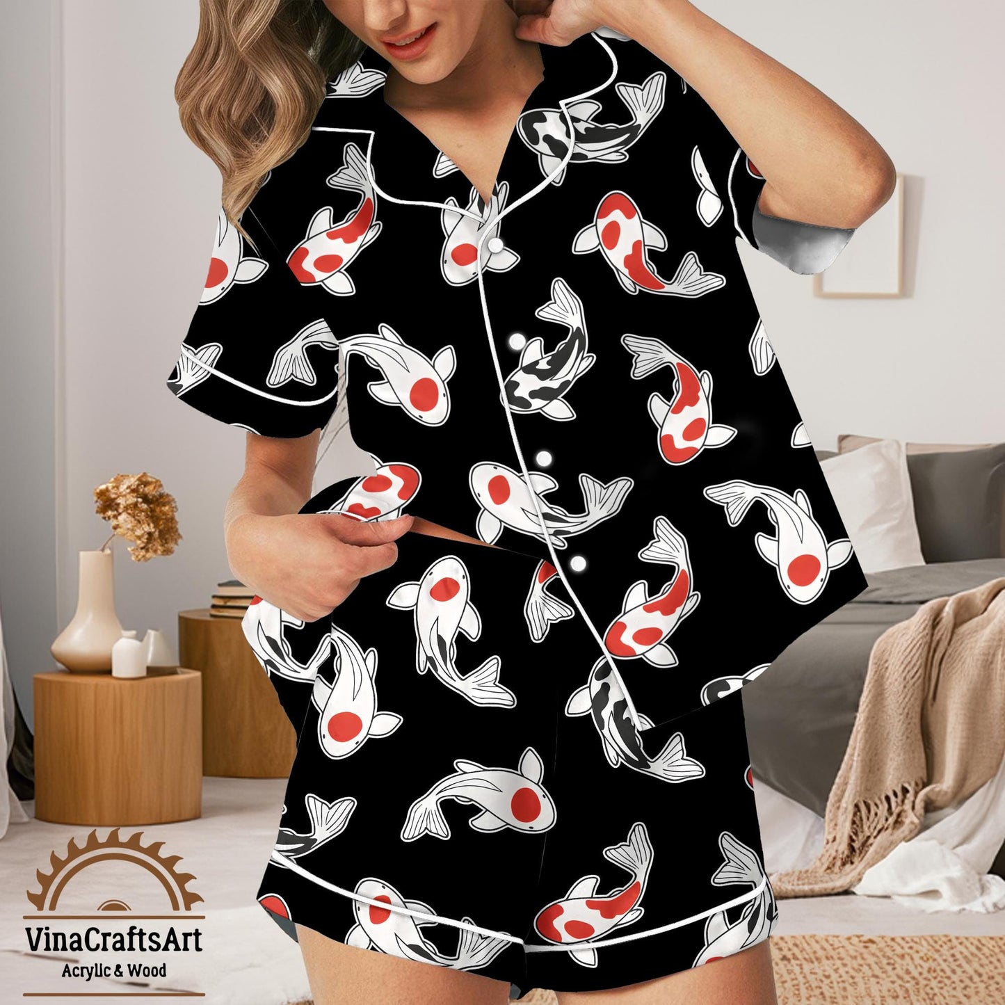Koi Fish Pajamas Set – Japanese Inspired Long Short Sleeve Loungewear, Black Red Koi Sleepwear for Women, Elegant Cozy Pajamas Set