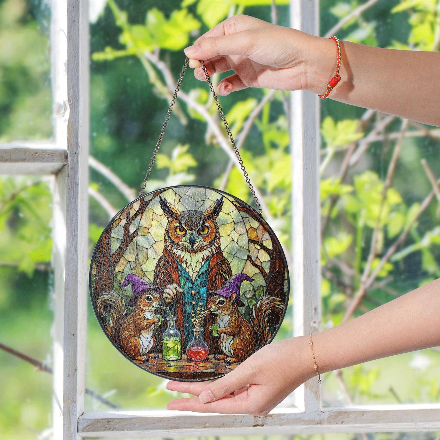 stained glass suncatcher fantasy owl squirrel potion scene Halloween gift Christmas gift for mom