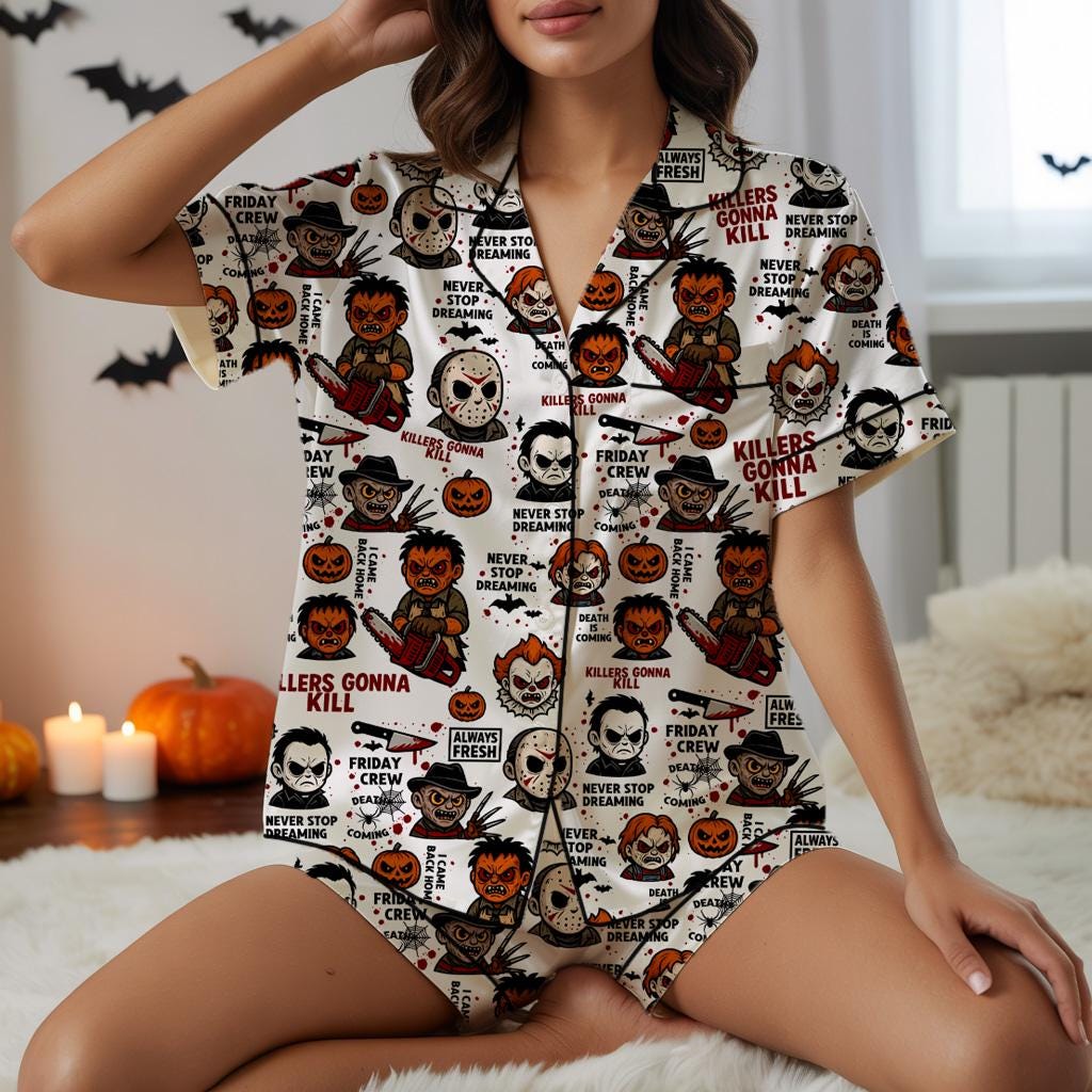 Horror Halloween Character Pajama Set, Halloween Pajama Satin Set, Chibi Horror Pjs, Spooky Season,Scary Movie Sleepwear, Gift For Halloween  Pajamas Set