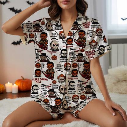 Horror Halloween Character Pajama Set, Halloween Pajama Satin Set, Chibi Horror Pjs, Spooky Season,Scary Movie Sleepwear, Gift For Halloween  Pajamas Set
