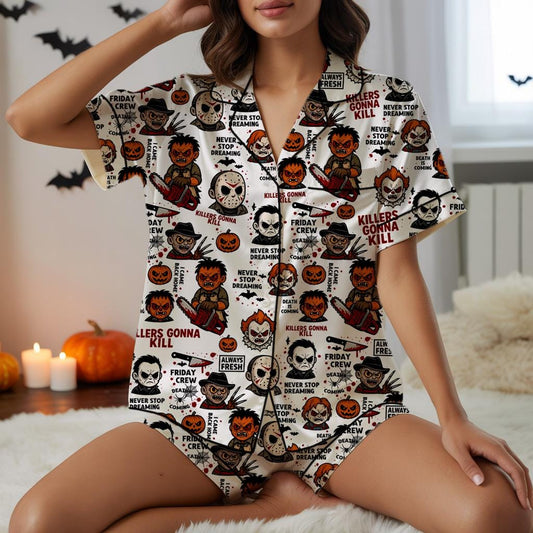 Horror Halloween Character Pajama Set, Halloween Pajama Satin Set, Chibi Horror Pjs, Spooky Season,Scary Movie Sleepwear, Gift For Halloween  Pajamas Set