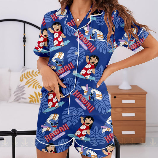 Stitch Lilo Aloha Unisex Satin Pajamas Set, Spooky Season Pajamas , Long Sleeve And Short Styles