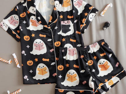 Ghost Reading Book Pajamas, Halloween Pjs, Cute Ghost Halloween Pajamas, Ghost Pjs, Pumpkin Pajamas Set, Spooky Season Gift, Pumpkin Ghost
