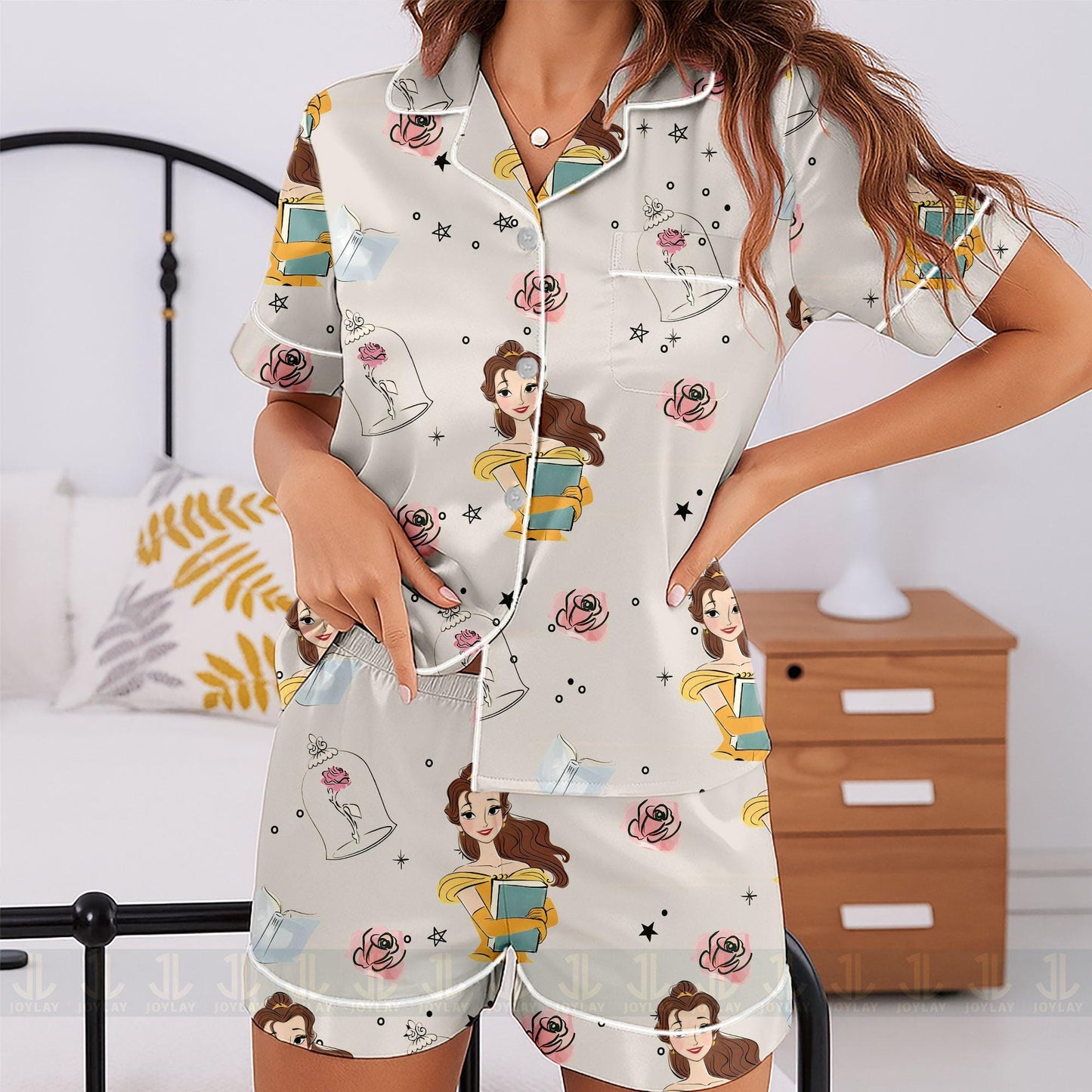 Belle Princess Rose Book Unisex Satin Pajamas Set, Spooky Season Pajamas , Long Sleeve And Short Styles