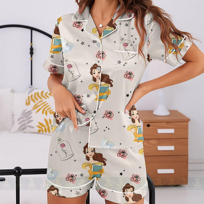Belle Princess Rose Book Unisex Satin Pajamas Set, Spooky Season Pajamas , Long Sleeve And Short Styles