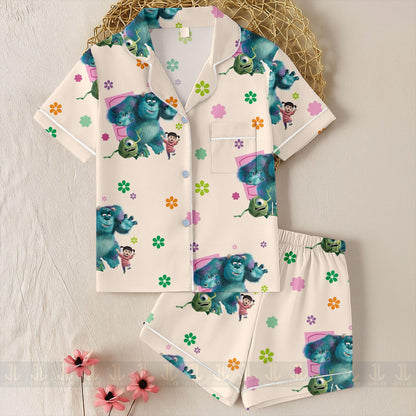 Monster Mike James Sullivan Unisex Satin Pajamas Set, Spooky Season Pajamas , Long Sleeve And Short Styles