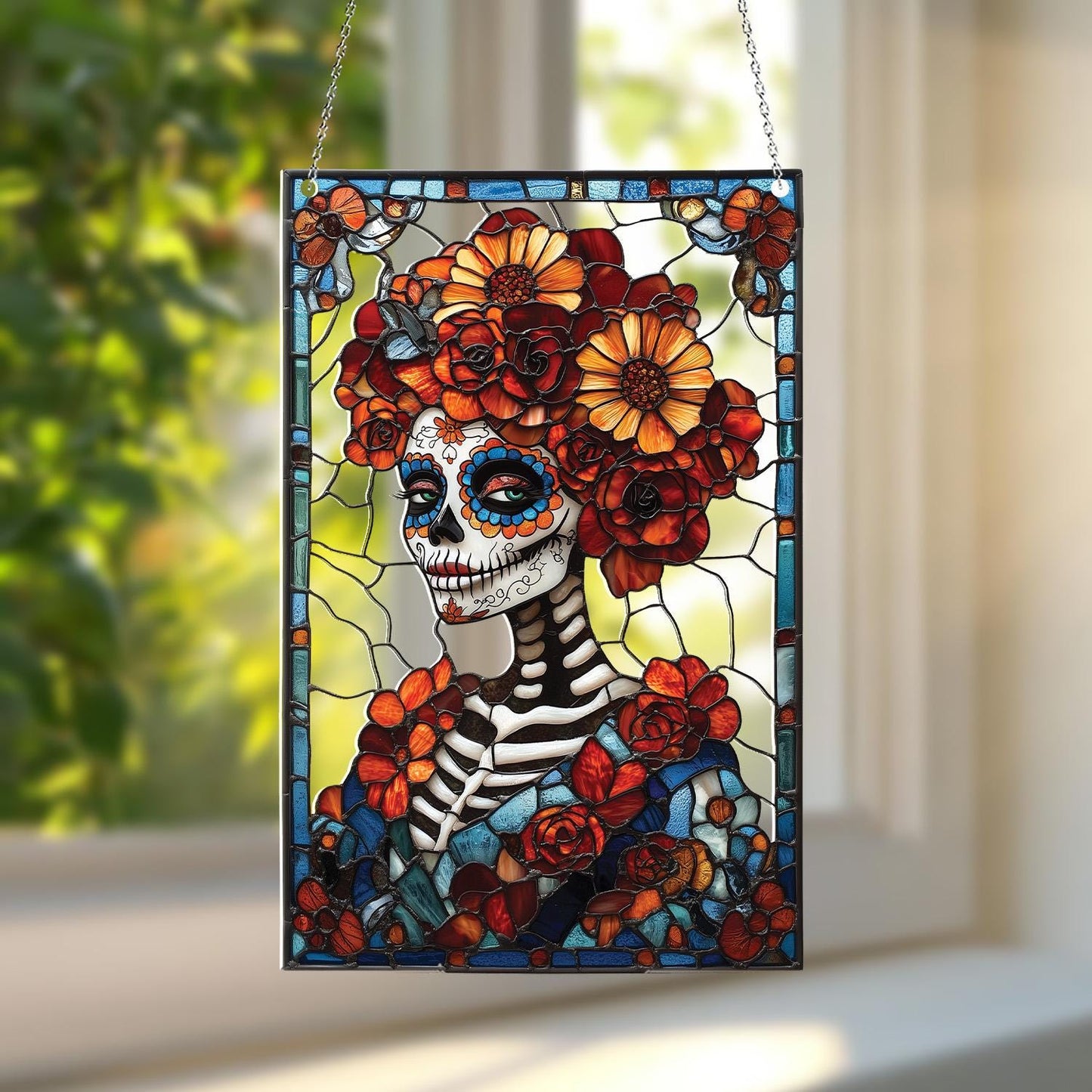 Dia De Los Muertos Sugar Skull Acrylic Suncatcher – Faux Stained Glass Window Hanging With Marigold Flowers And Colorful Mexican Decor