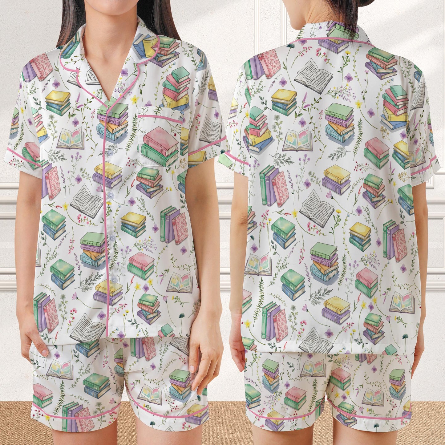 Bookworm Satin Pajamas, Wildflower Bookish Home Wear Pajamas Set, Reading Lover Gift, Book Floral Pajamas Set
