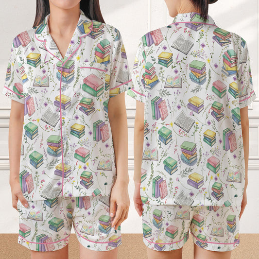 Bookworm Satin Pajamas, Wildflower Bookish Home Wear Pajamas Set, Reading Lover Gift, Book Floral Pajamas Set