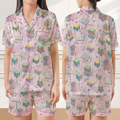 Bookworm Satin Pajamas, Wildflower Bookish Home Wear Pajamas Set, Reading Lover Gift, Book Floral Pajamas Set